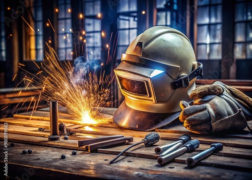 Helmet, gloves, and safety glasses lie on a workbench surrounded by welding rods and sparks, emphasizing the importance photo