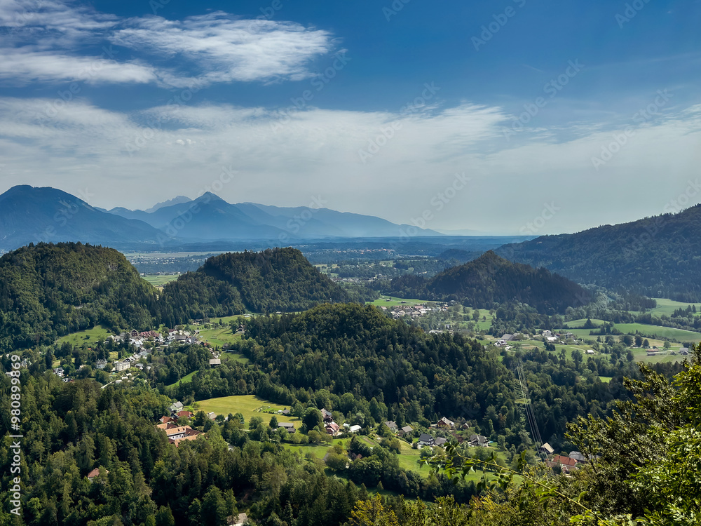 top view of a mountain village under. landscape photography. countryside. lake bled. slovenia top view of a mountain village under. landscape photography. countryside. lake bled. slovenia