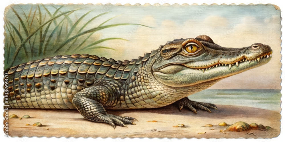 Fototapeta premium Invasive wires hum in harmony with the swampy air as a cybernetic caiman basks in the warm glow