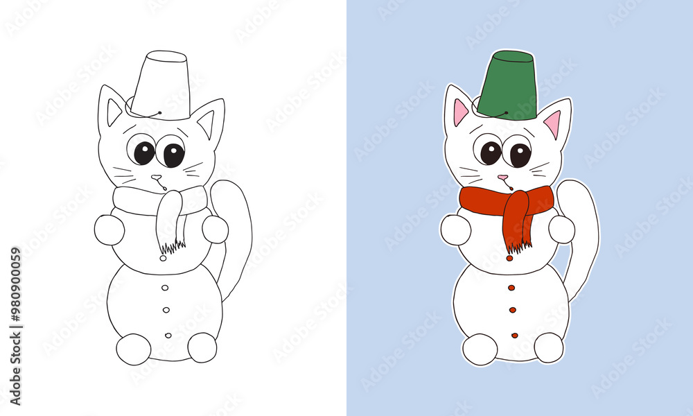 Obraz premium Cute doodle Christmas Kitten line art coloring page. Childish style outline and cartoon cat for kids color book. Adorable before and after sketch illustration