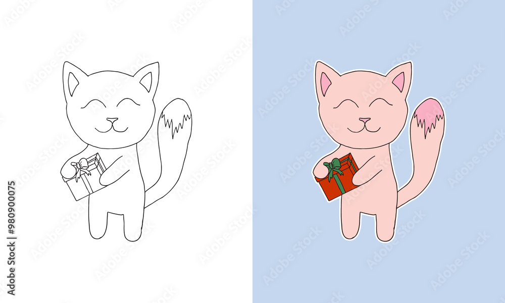 Cute doodle Christmas Kitten line art coloring page. Childish style outline and cartoon cat for kids color book. Adorable before and after sketch illustration Cute doodle Christmas Kitten line art coloring page. Childish style outline and cartoon cat for kids color book. Adorable before and after sketch illustration