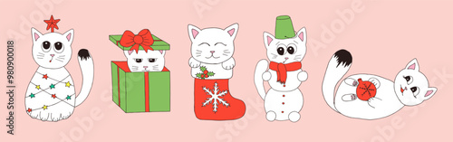 Cute doodle childish style kittens set. Collection of cats for christmas and new year 
