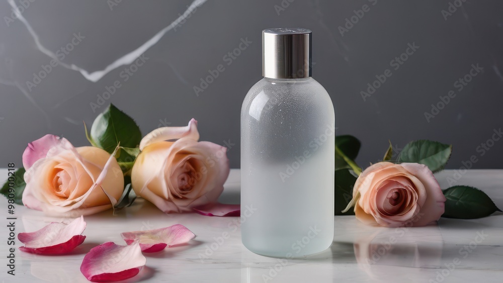 Frosted perfume bottle with pink roses and petals on a marble surface. A minimalist and fresh design, ideal for skincare and fragrance promotions Frosted perfume bottle with pink roses and petals on a marble surface. A minimalist and fresh design, ideal for skincare and fragrance promotions