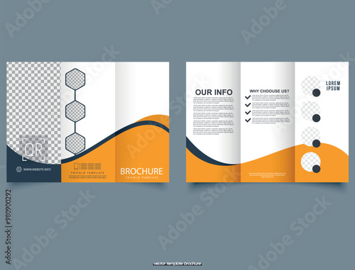 Corporate orange trifold wave brochure for business. Annual report, flyer. Vector illustration