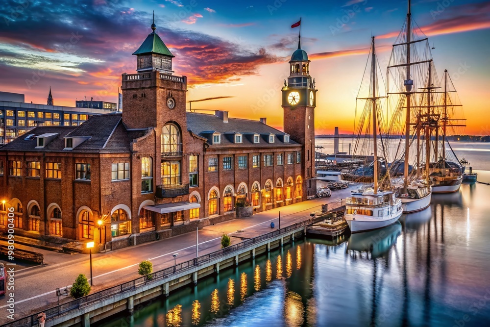 Obraz premium Historic brick maritime building with ornate clock tower and bustling waterfront, illuminated at sunset, with cargo