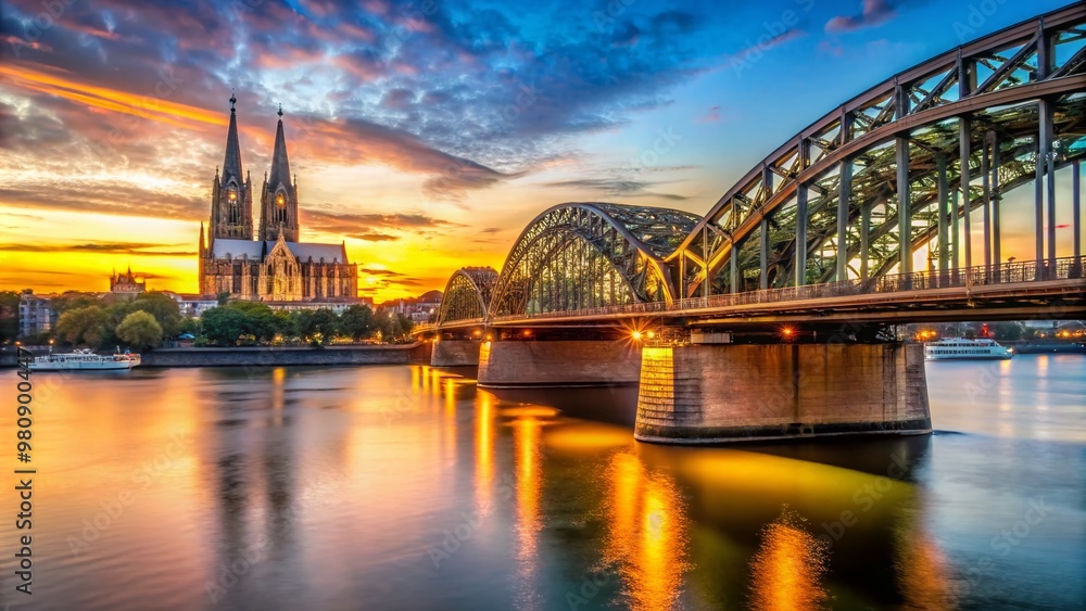 Fototapeta premium Historic Deutzer Bridge over the Rhine River in Cologne, Germany, with stunning cityscape views and modern architecture