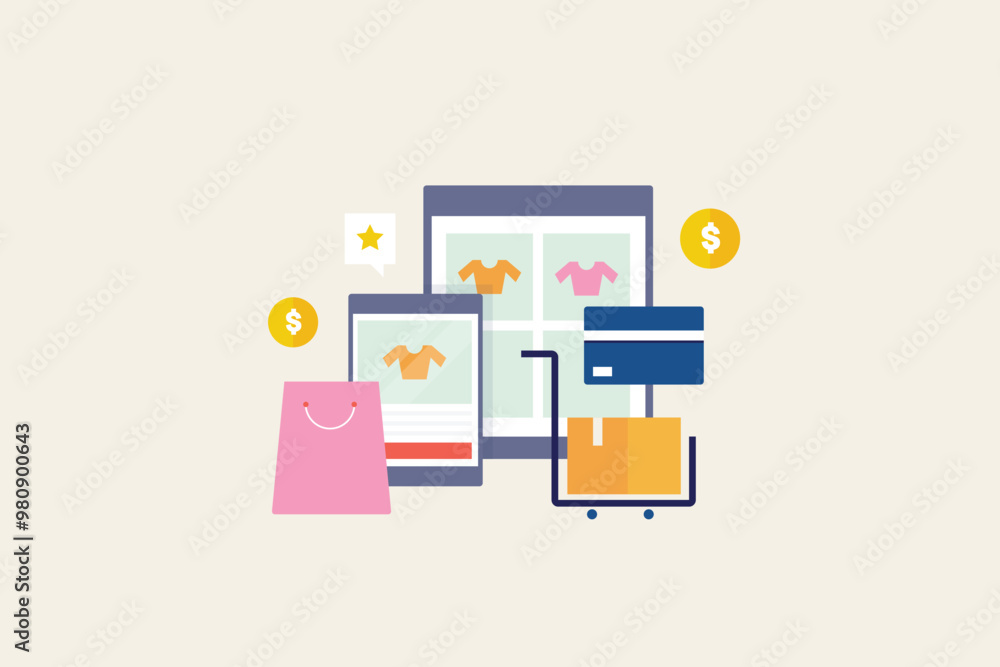 eCommerce App, Online shopping through eCommerce application, App checkout, Secure online shopping, Business using eCommerce app. Vector illustration background. eCommerce App, Online shopping through eCommerce application, App checkout, Secure online shopping, Business using eCommerce app. Vector illustration background.