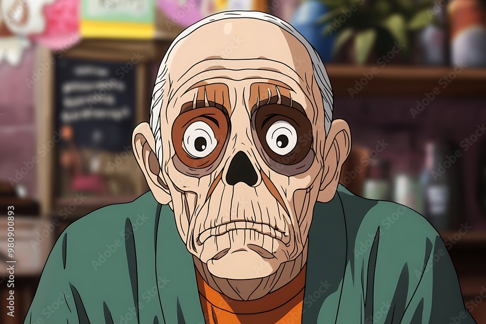 Elderly Man with Skeletal Face in a Green Jacket. Elderly Man with Skeletal Face in a Green Jacket.