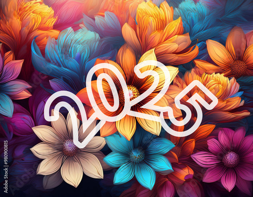 2025 on a colorful background with flowers