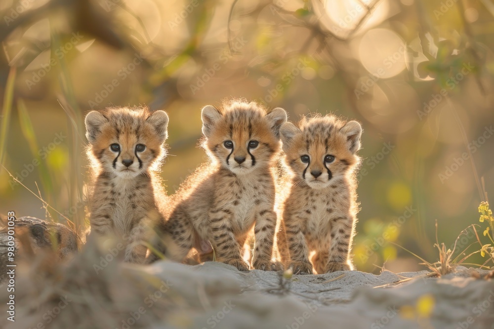 Obraz premium Three Adorable Cheetah Cubs at Sunrise in Natural Habitat