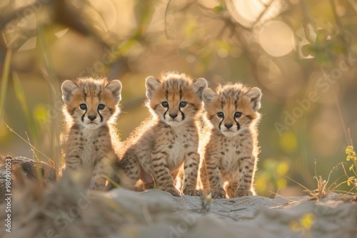 Three Adorable Cheetah Cubs at Sunrise in Natural Habitat