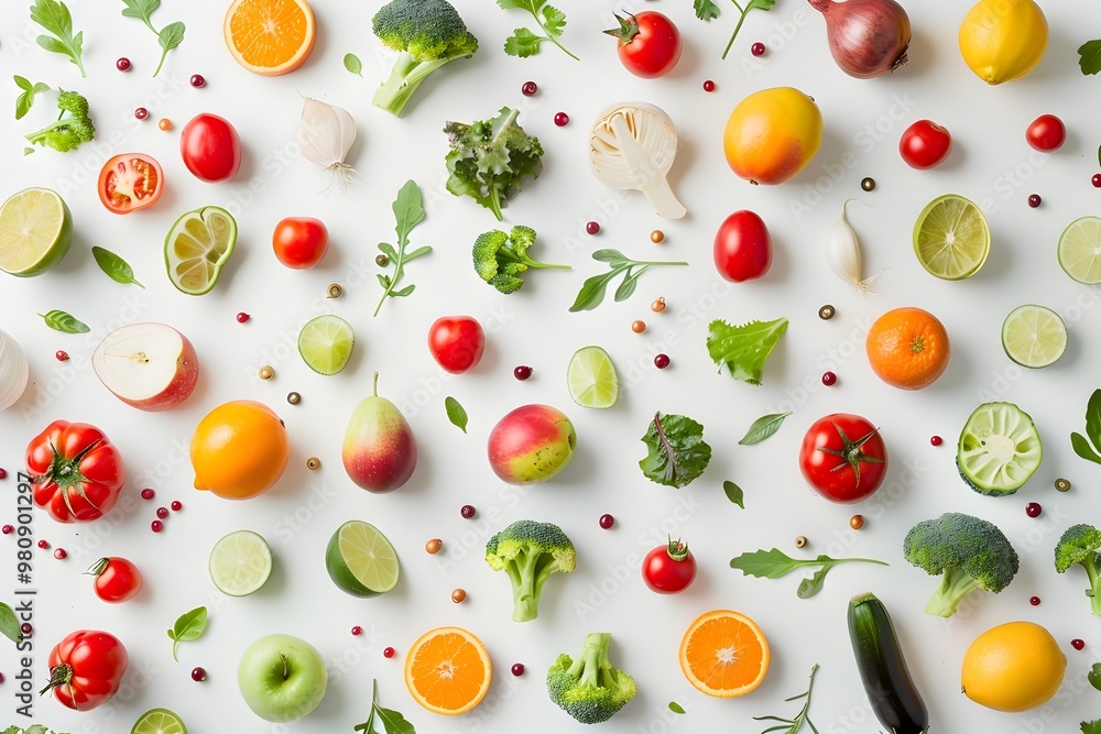 Assorted fresh fruits and vegetables on a white background Assorted fresh fruits and vegetables on a white background