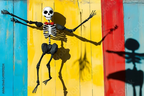 Skeleton Decoration on Colorful Wooden Wall.