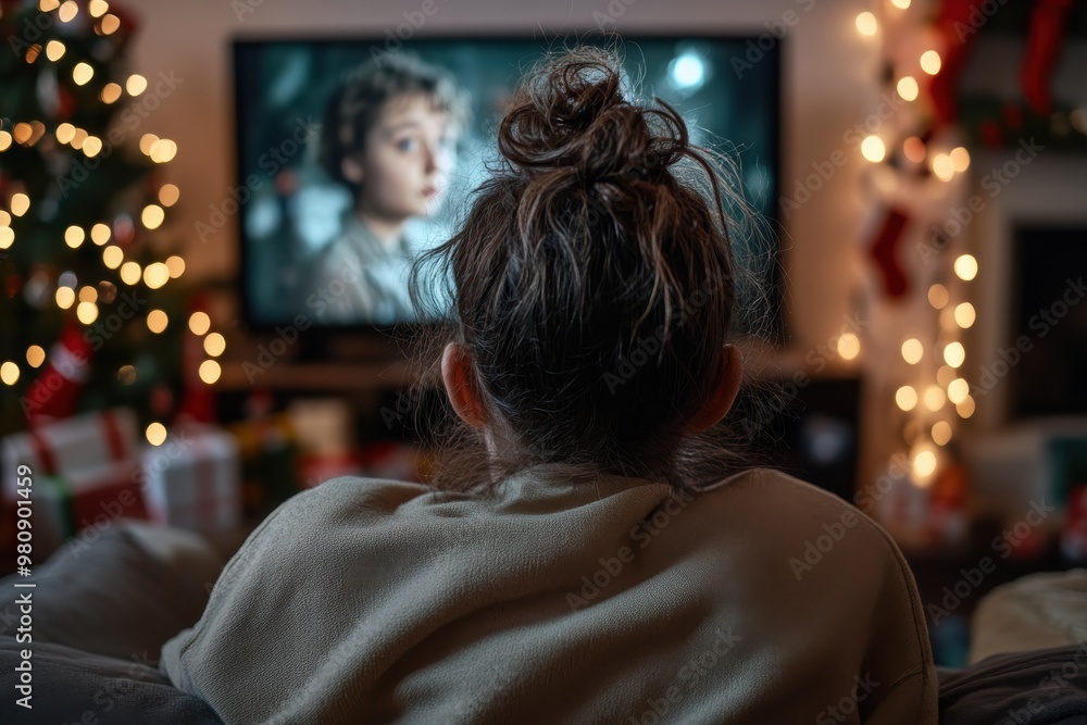 A woman sits watching a holiday film in a warmly decorated home, surrounded by Christmas lights and cozy furnishings, capturing joyful holiday relaxation. A woman sits watching a holiday film in a warmly decorated home, surrounded by Christmas lights and cozy furnishings, capturing joyful holiday relaxation.