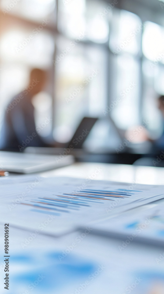 Blurred office background with businessmen working on a new project and analyzing statistics data Blurred office background with businessmen working on a new project and analyzing statistics data