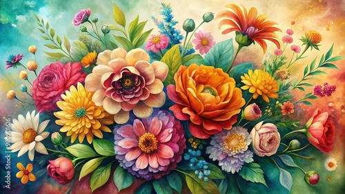 Vibrant floral art design background featuring a beautiful bunch of colorful flowers in watercolor style, reminiscent of vintage paint or botanical print.