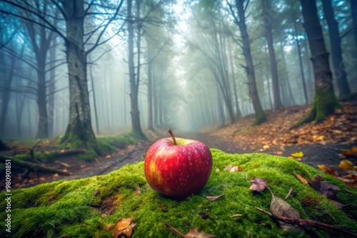 Magnified vision of a vintage vampire apple, surrounded by morning mist, bathed in an ethereal glow, as the photo