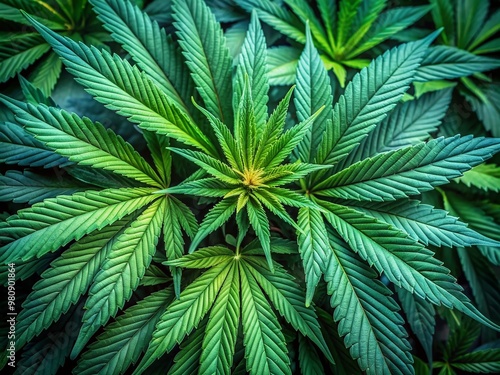 Vibrant green marijuana leaves with intricate veins and serrated edges are bunched together, showcasing the unique textures and shapes of the controversial yet medicinal plant.
