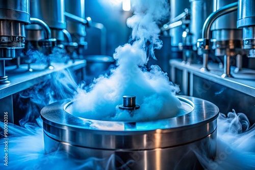 Icy blue cryogenic liquid nitrogen fog swirling around a metallic surface, evoking a sense of intense cold and