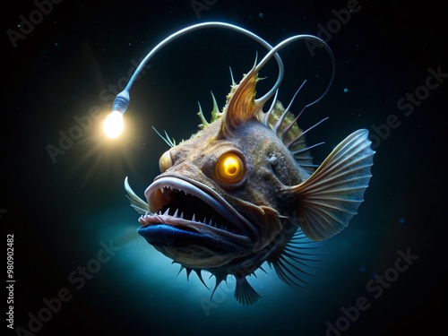 Illuminated anglerfish with bioluminescent lure on head swims in dark ocean waters, its translucent body and fins photo