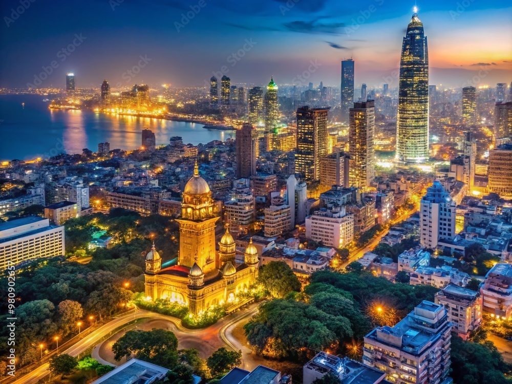 Naklejka premium Illuminated nighttime cityscape of Mumbai, formerly known as Bombay, India, with iconic landmarks and bustling streets