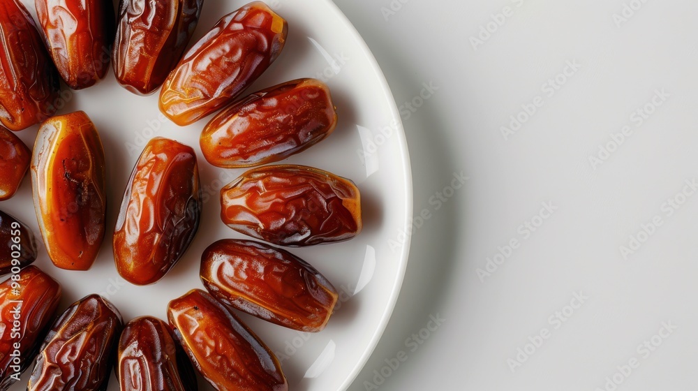 A plate of dried fruit, including dates, is on a white background A plate of dried fruit, including dates, is on a white background