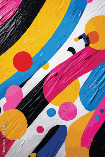 Vibrant abstract artwork features bold colors and dynamic shapes, inviting viewers into playful exploration of form and texture, stimulating creativity and joy