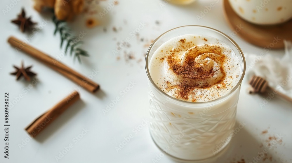 A glass of milk with cinnamon on top A glass of milk with cinnamon on top