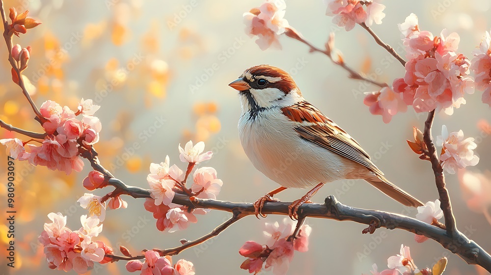 A small brown and white sparrow perched on a delicate branch with pink blossoms. A small brown and white sparrow perched on a delicate branch with pink blossoms.
