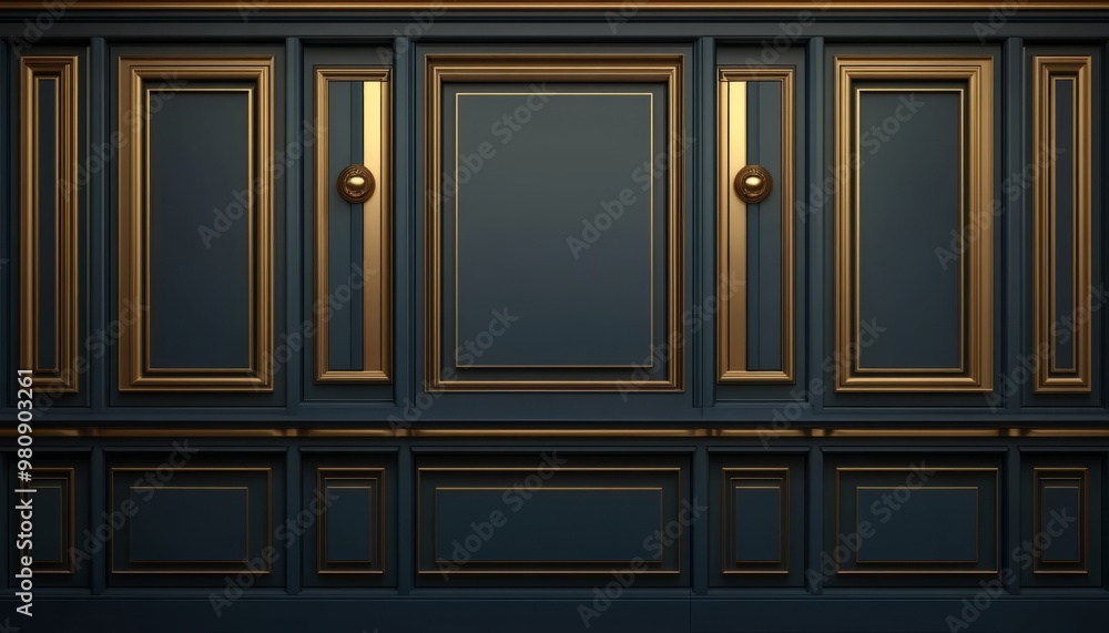 Dark Blue Wall Paneling with Gold Accents and Decorative Knobs Dark Blue Wall Paneling with Gold Accents and Decorative Knobs