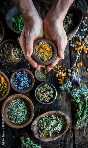 A healer’s hands hovering over an array of natural remedies and herbs, symbolizing Cayce's holistic approach to health and healing, photo