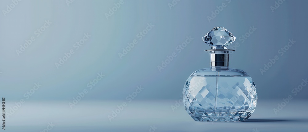 A bottle of perfume with a crystal top sits on a table A bottle of perfume with a crystal top sits on a table