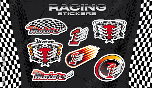 Racing sport stickers pack featuring vector motorsport patches, including checkered flags, wings, engines, and the number one, convey speed, power, and victory, with bold colors and dynamic elements