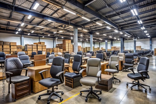 In a dimly lit warehouse, rows of pre-owned office chairs, desks, and filing cabinets stacked haphazardly, waiting for