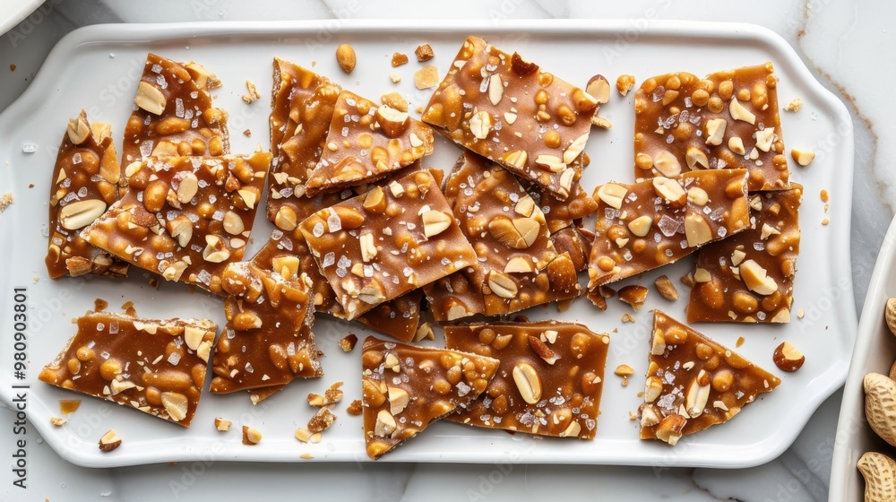 A plate of peanut brittle with a few pieces missing A plate of peanut brittle with a few pieces missing