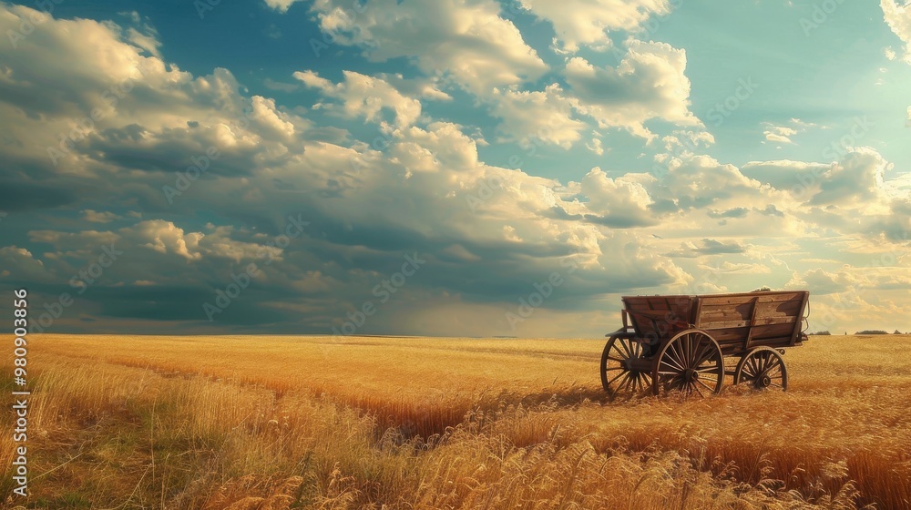 A wooden wagon is sitting in a field of tall grass A wooden wagon is sitting in a field of tall grass