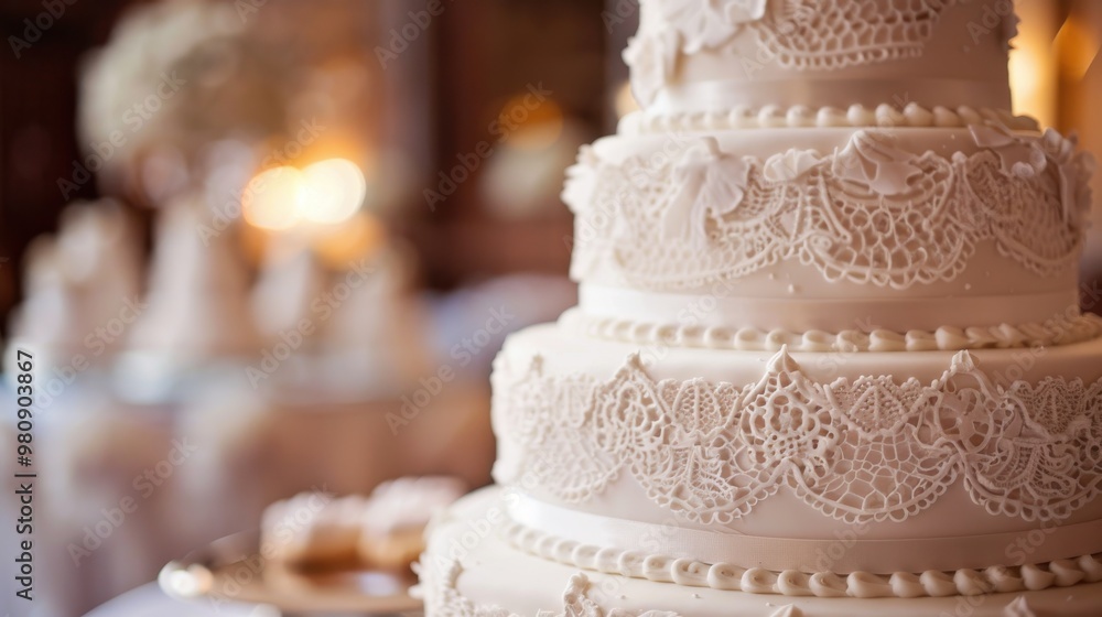 A white wedding cake with lace decorations sits on a table A white wedding cake with lace decorations sits on a table