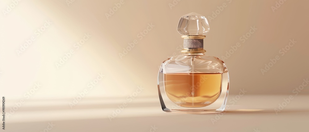 A bottle of perfume with a crystal top sits on a table A bottle of perfume with a crystal top sits on a table