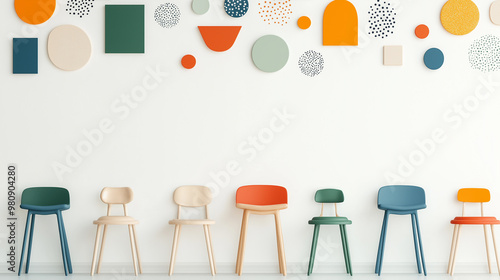 Colorful chairs lined up against a white wall with geometric wall art