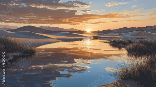 artwork of a desert sunset reflecting on a small, isolated pond.