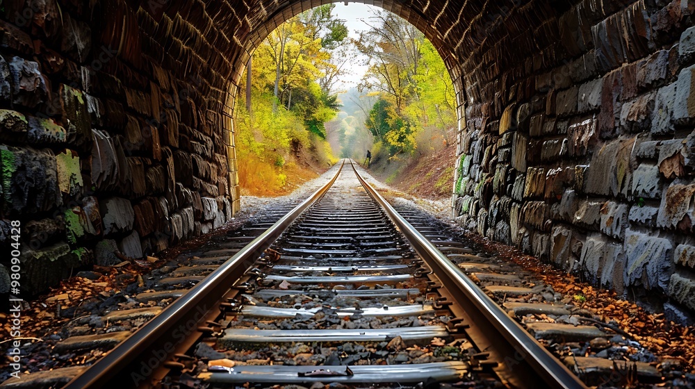 Obraz premium Railroad tracks leading into a tunnel of light, stone walls framing the path, evoking a sense of mystery and anticipation