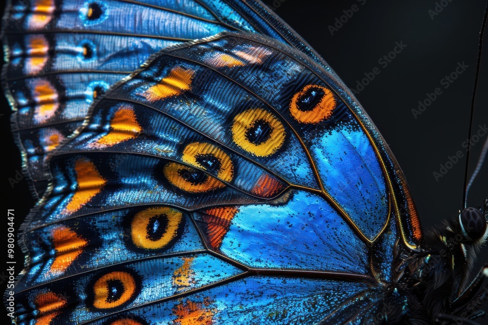 Close-up of a vibrant blue and orange butterfly wing, showcasing intricate patterns and textures. Close-up of a vibrant blue and orange butterfly wing, showcasing intricate patterns and textures.