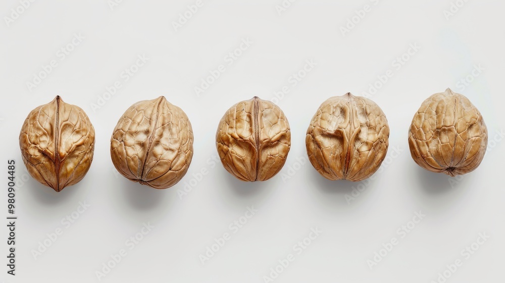 A row of walnuts are shown in a close up