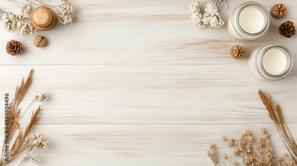 Top view of candles, pine cones, and dried flowers on light wood background Top view of candles, pine cones, and dried flowers on light wood background