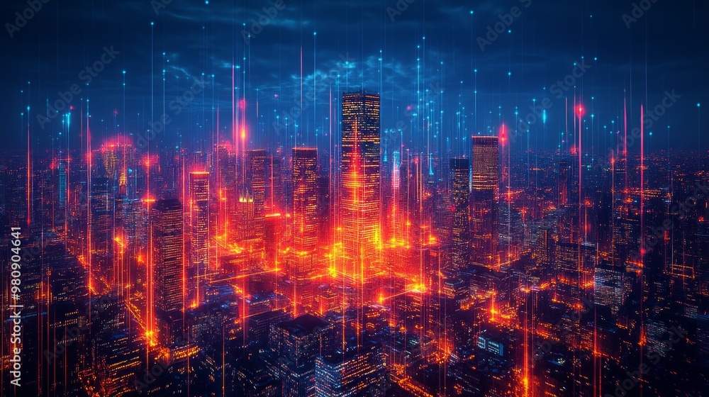 Night neon laser illuminated cityscape. City skyline. Urban background with architecture, skyscrapers, megapolis, buildings and city center. Night neon laser illuminated cityscape. City skyline. Urban background with architecture, skyscrapers, megapolis, buildings and city center.