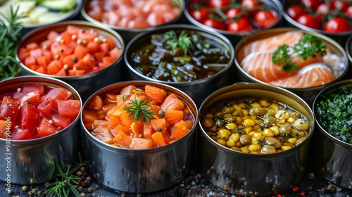 Assortment of canned vegetables and fish. Long lasting processed food. 