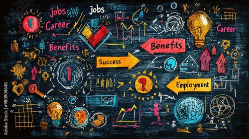 A colorful chalkboard bursts with illustrations and keywords representing the journey of career advancement, highlighting jobs, benefits, and keys to employment success in an artistic manner