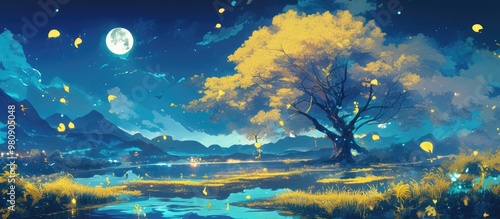 Romantic night scene featuring a beautiful tree with yellow blossoms under a full moon Fantasy inspired artwork showcasing vintage color tones photo