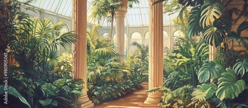 Vintage style painting of a greenhouse featuring columns and an array of tropical plants perfect for interior photo wallpaper photo