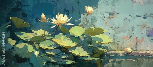 Oil painting of water lilies featuring nenuphars on a textured concrete wall Ideal design for wallpaper murals and decorative cards or postcards photo